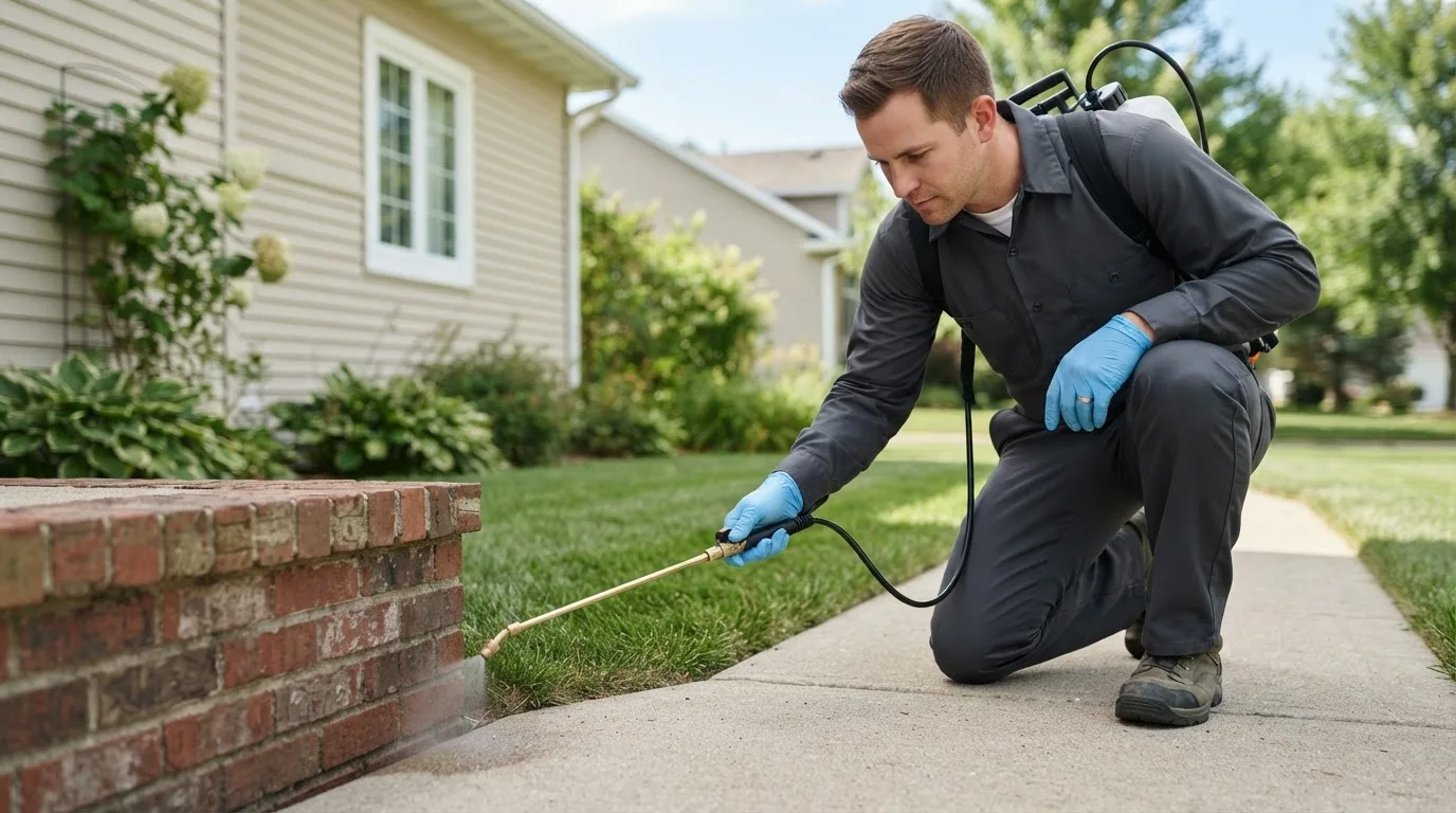 Pest control technician treating a home near Stahlstown, PA